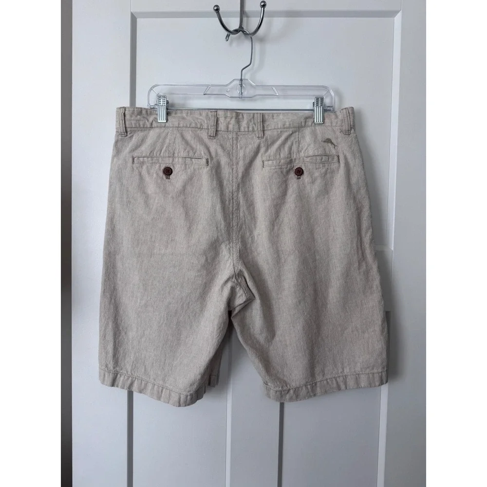 Tommy Bahama Mens 35 Linen Cotton Ticking Stripe Shorts Beige beach costal